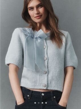 Anthropologie Maeve Light Blue Short-Sleeve Bow Cardigan Sweater